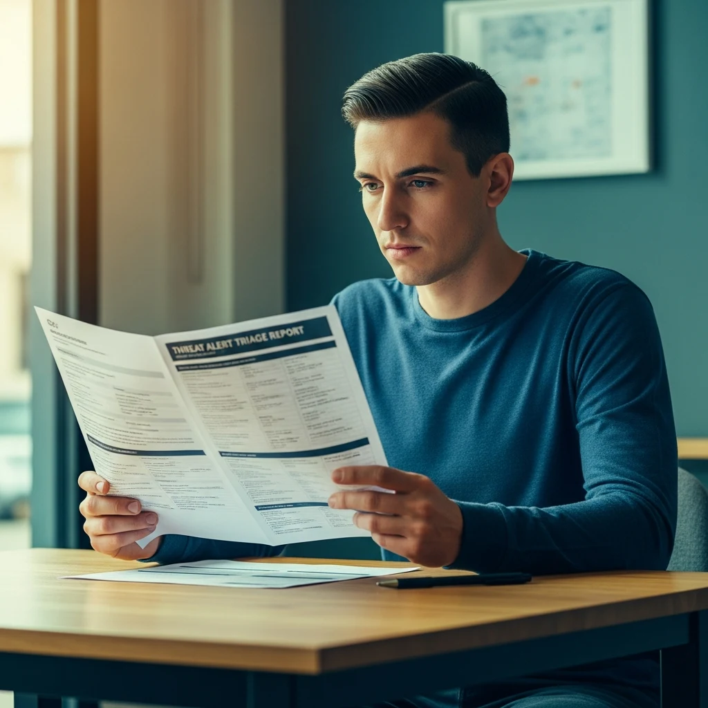 IT security analyst reviewing a printed threat alert triage report at a desk in a small business office