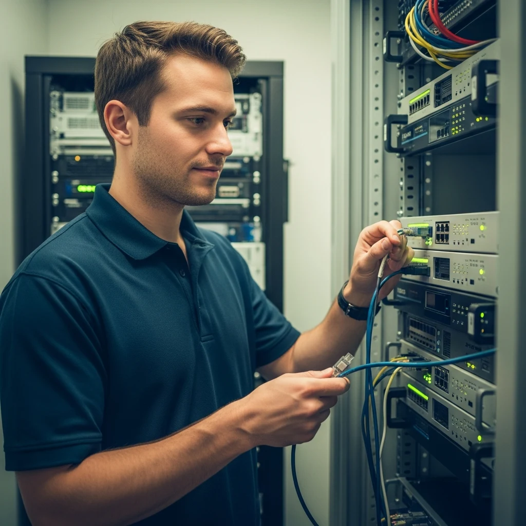 IT network security technician working on rack-mounted networking equipment with status LED lights in a small business server closet