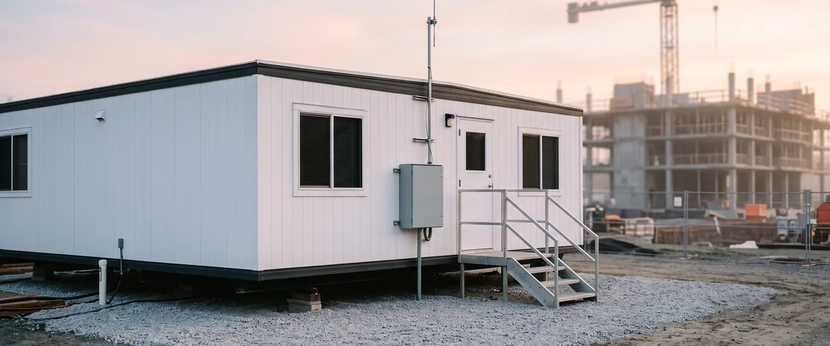Construction site office trailer on a gravel pad with a mast antenna, tower crane in the background at dawn