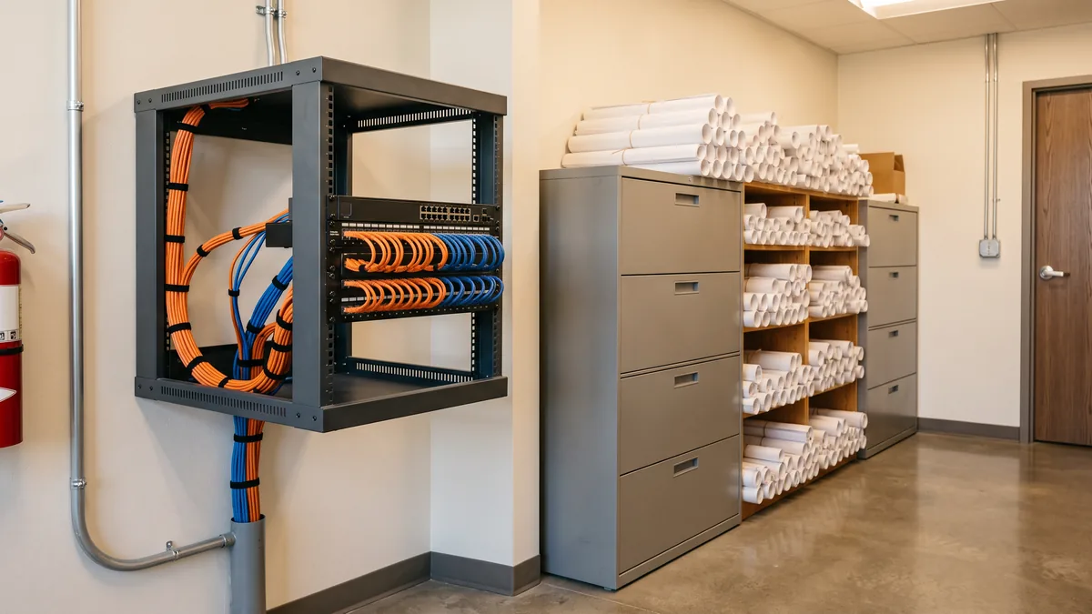 Wall-mounted network rack with orange and blue patch cables beside filing cabinets and shelves of rolled construction drawings
