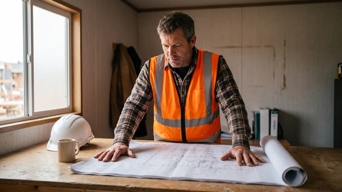 Construction superintendent in a high-visibility vest with both hands on a rolled-open paper drawing inside a site trailer