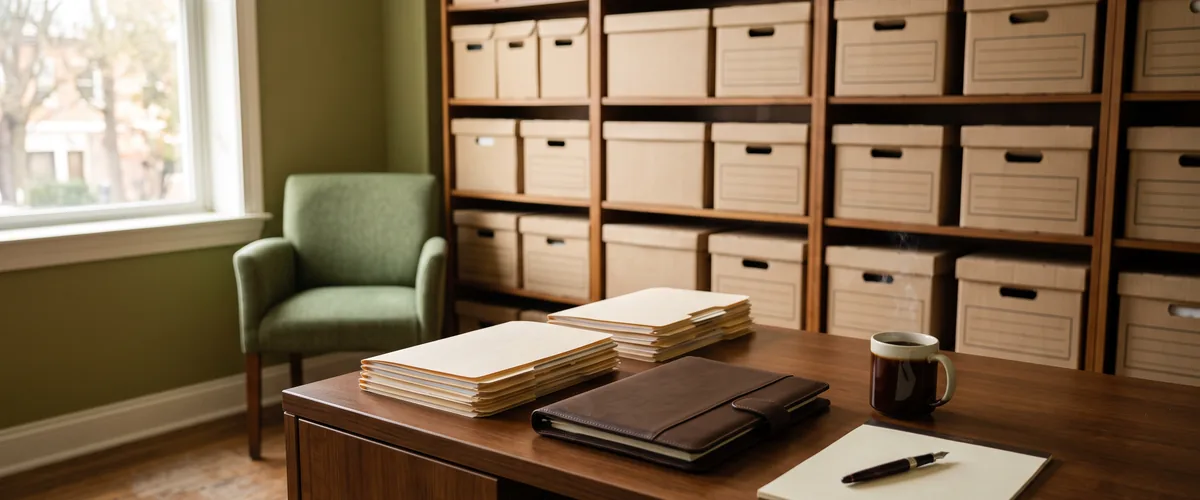 Accounting firm office with client file folders and archival document boxes on shelving