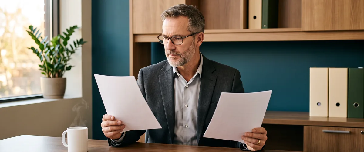Advisory firm owner at a desk holding up and comparing two printed pages
