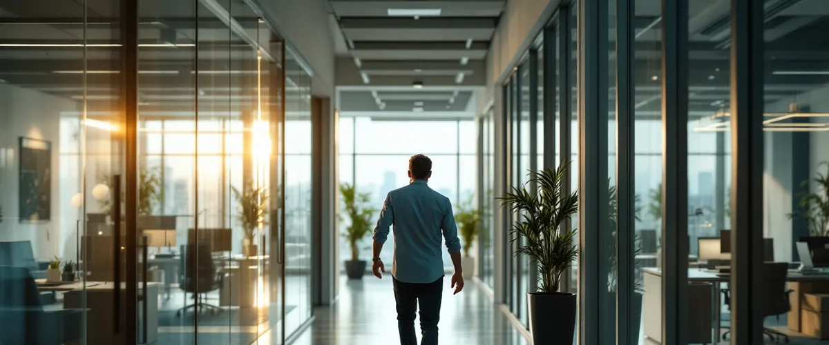 Business owner walking through a corridor connecting two office spaces, representing managed IT for multi-location businesses in NY and NJ