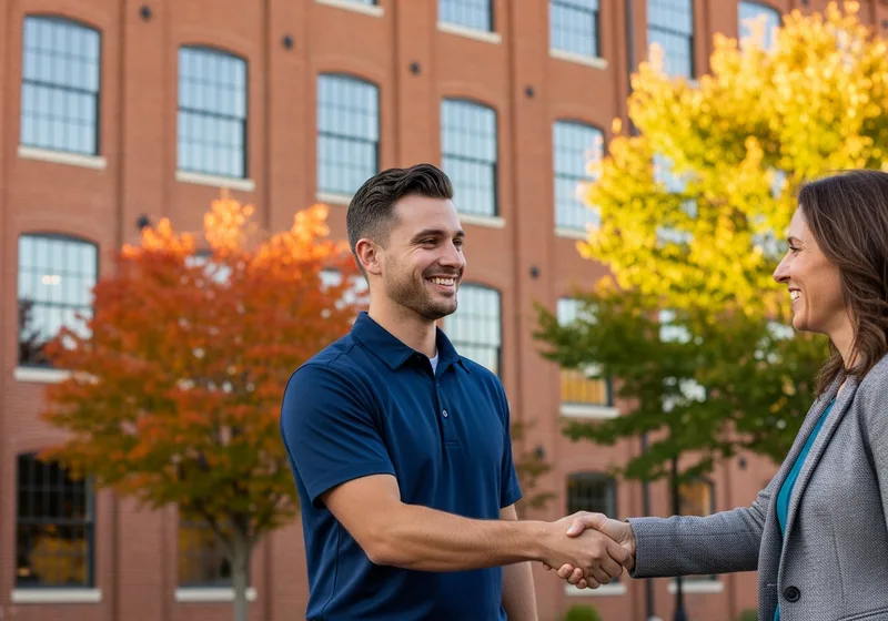 VJNetworks technician and a Garnerville business owner shaking hands outside a converted brick mill building in Garnerville NY