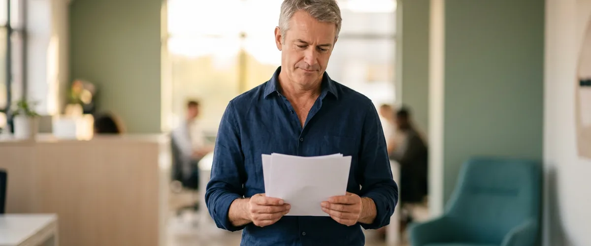 Small business owner reviewing printed pages while weighing the cost of Microsoft 365 Copilot