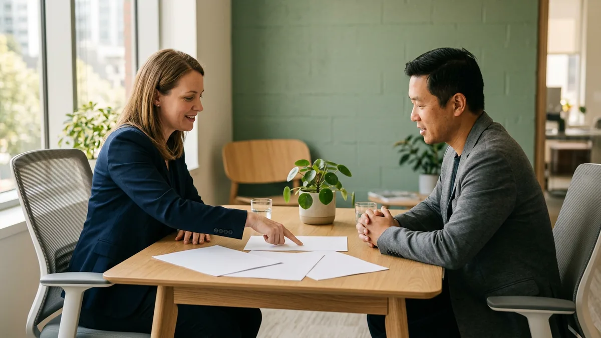 Two colleagues reviewing printed access permissions across a small conference table before a Copilot rollout