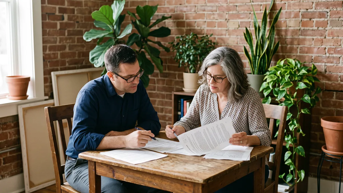 Business owner and IT consultant reviewing printed Microsoft 365 and Google Workspace options together
