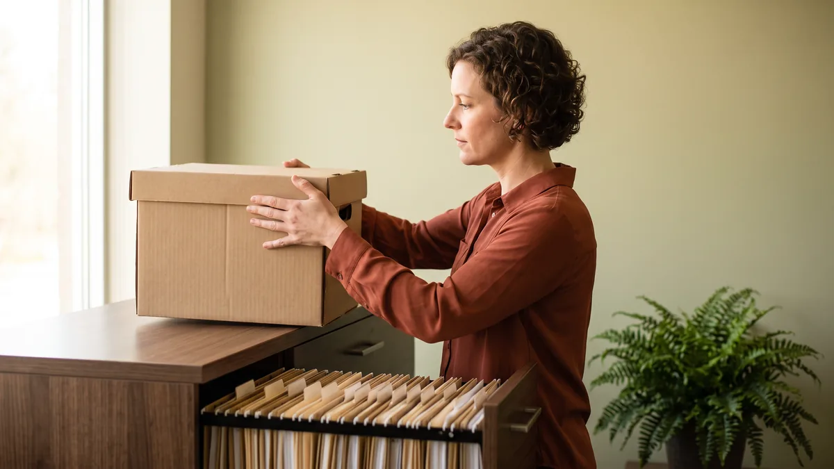 Office manager placing an archive box of records onto a filing cabinet, keeping a copy outside the system