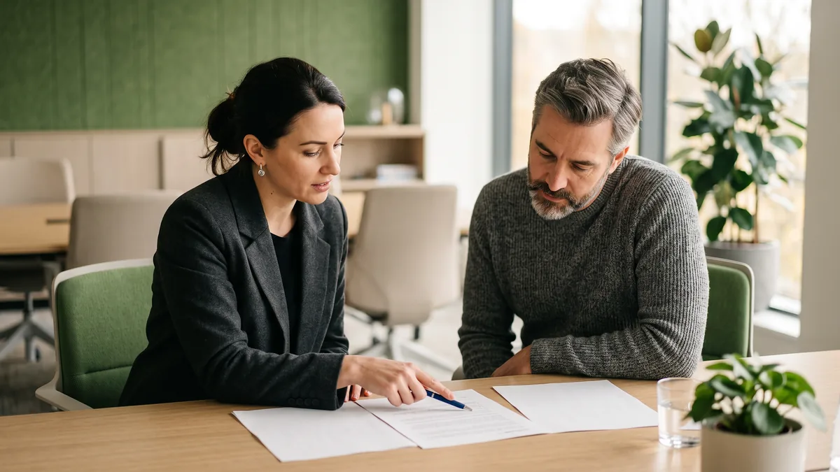 Two colleagues reviewing a printed agreement to work out which Microsoft 365 security responsibilities are theirs