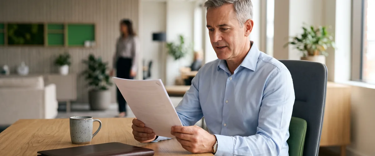 Small business owner reading a printed Microsoft 365 service agreement at his desk