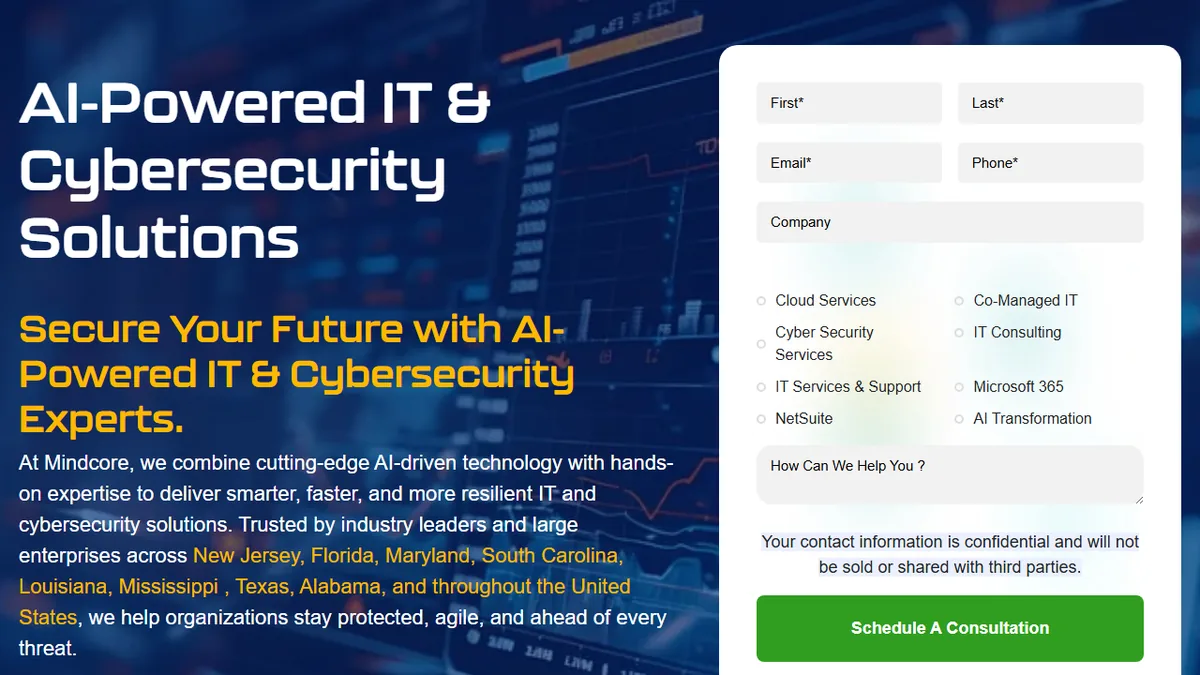 Mindcore Technologies homepage showing IT and cybersecurity services for New Jersey insurance agencies