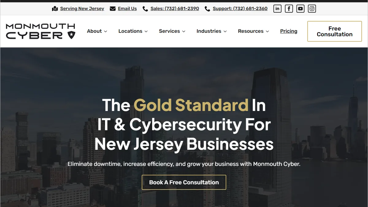 Monmouth Cyber homepage showing IT and cybersecurity services for New Jersey businesses
