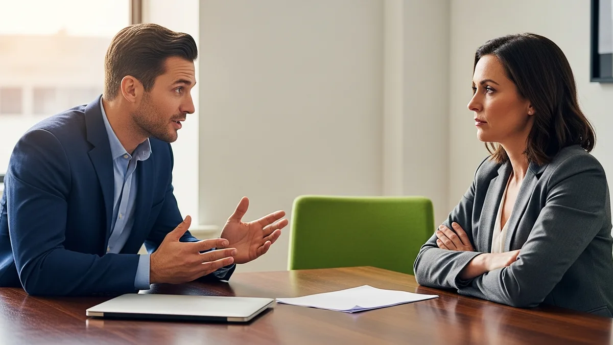 IT sales representative pitching across a conference table while a skeptical business owner listens with arms crossed
