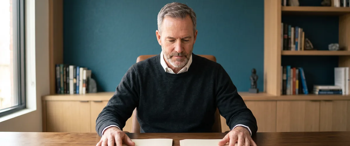 Man at a desk with two separate closed folders side by side, one hand resting on each