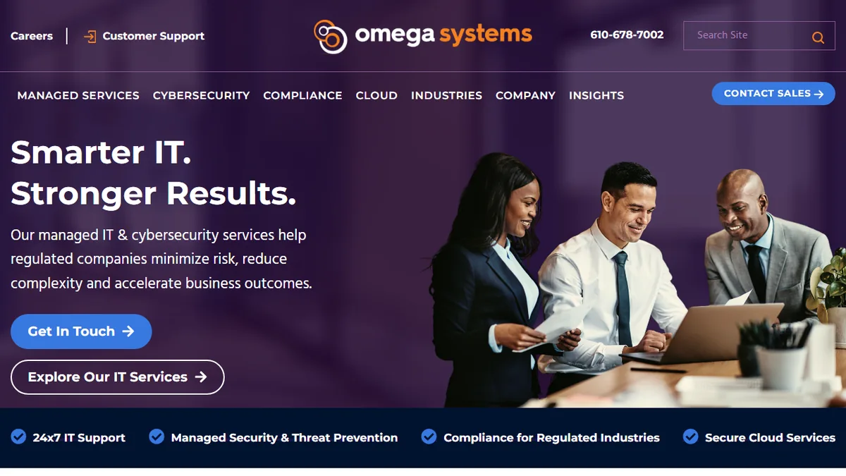 Omega Systems homepage showing managed IT and cybersecurity services for regulated industries and financial firms