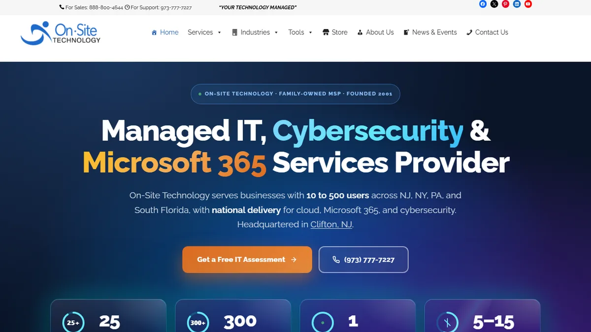 On-Site Technology homepage showing managed IT services for New Jersey businesses from Clifton NJ