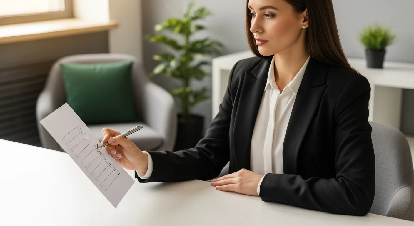 Business owner in a blazer holding a pen over a printed proactive vs reactive IT support self-test checklist at her desk