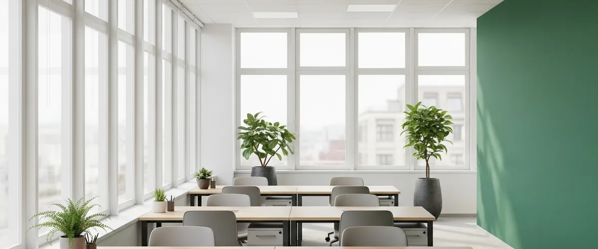 Bright modern small business office interior with wood desks and a green accent wall