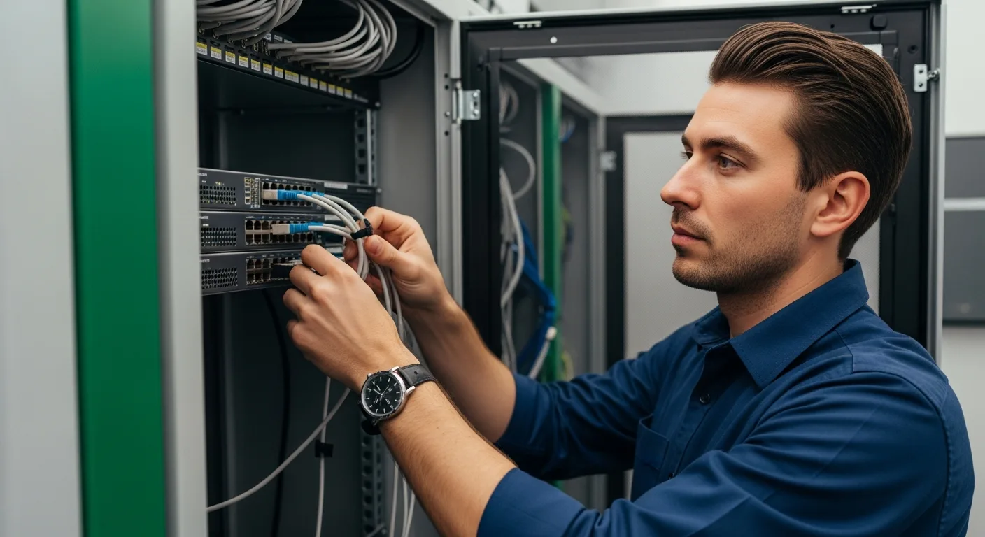 IT technician connecting a network patch cable inside an open server rack cabinet