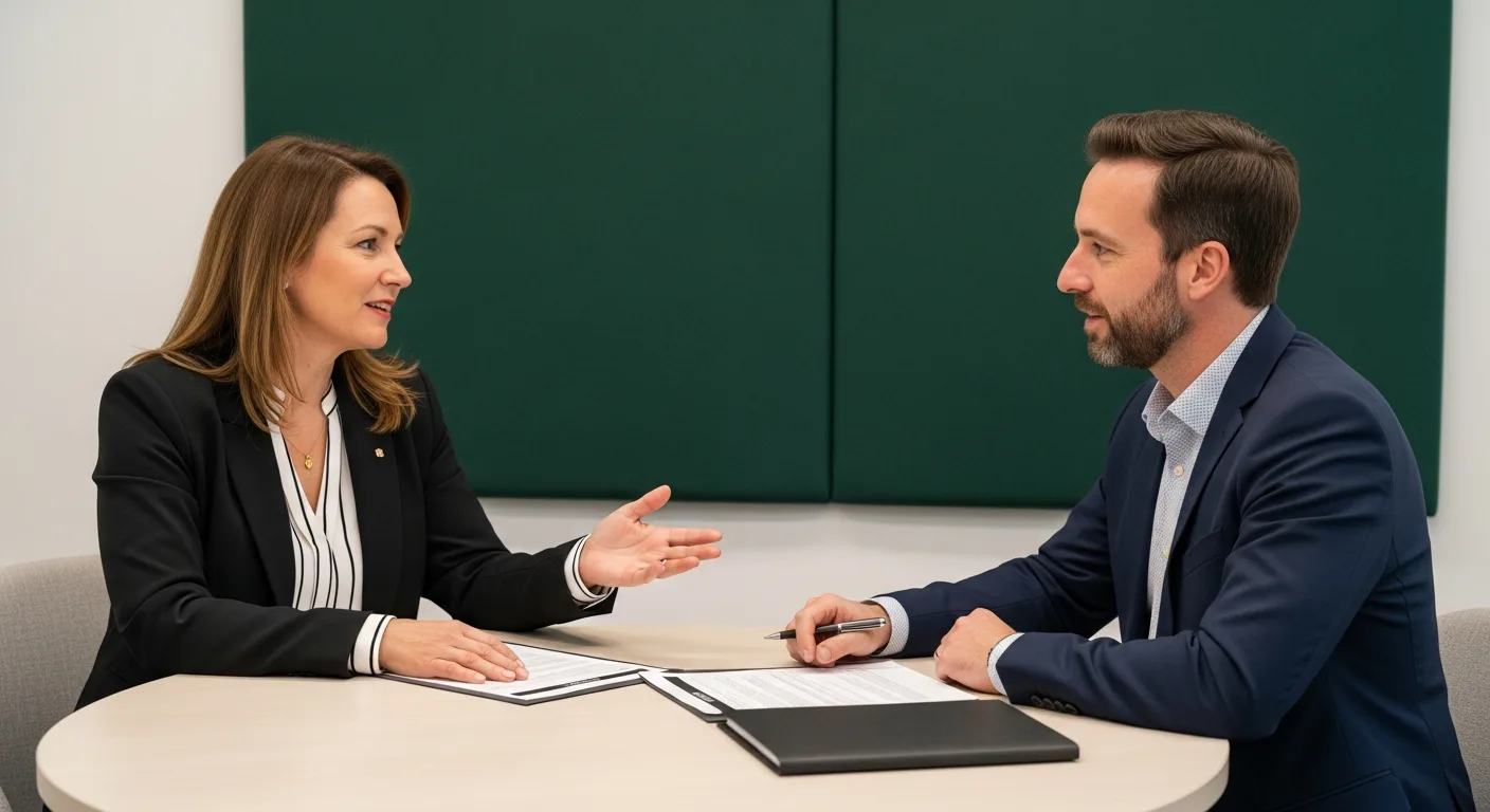 Business owner and IT services consultant discussing a strategic IT review across a conference table