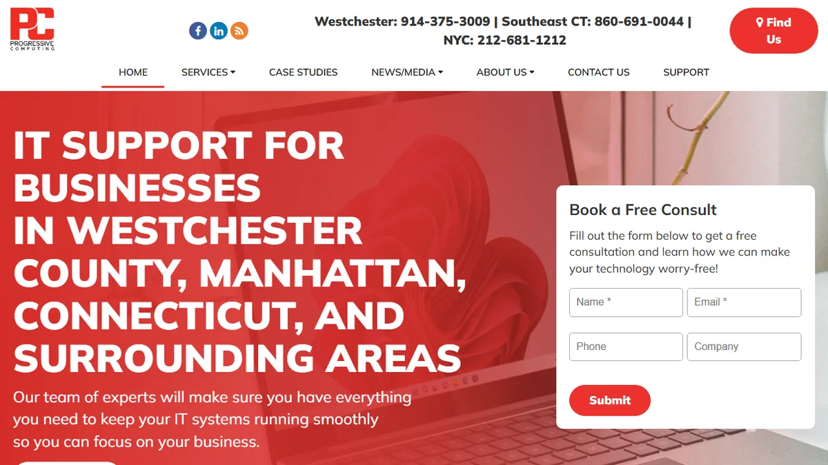 Progressive Computing homepage showing IT support and cloud services for Westchester County, Manhattan and Connecticut businesses