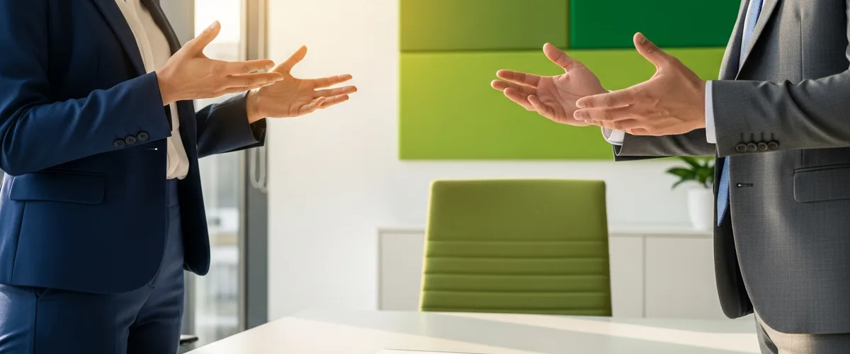 Business owner and IT company sales rep discussing a printed services contract during an MSP interview