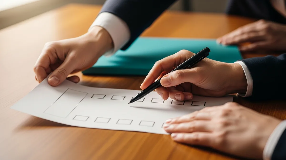 Two colleagues reviewing a printed device access checklist for company and personal devices