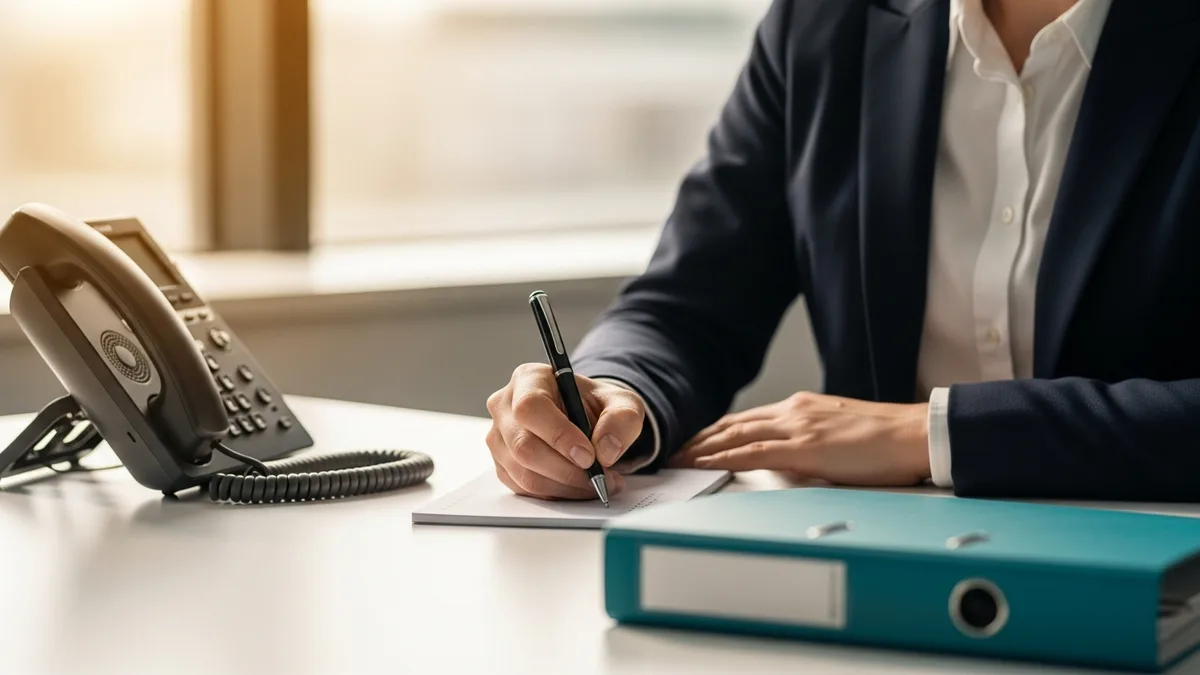 Office manager writing an incident contact list by hand next to an office phone