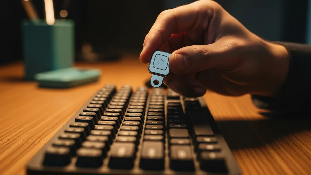 Hand holding a physical multi-factor authentication security key near a keyboard