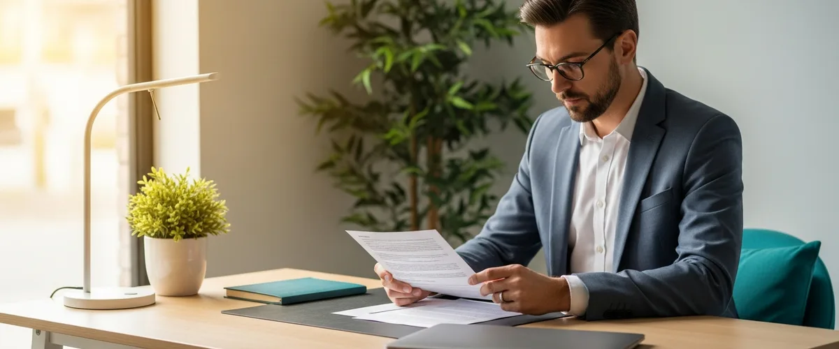 Small business owner reviewing a printed remote work security policy at a home office desk