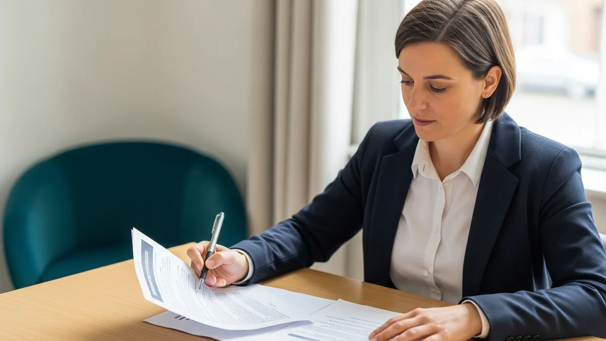 Small business owner reading a printed remote work security policy document before sharing it with the team