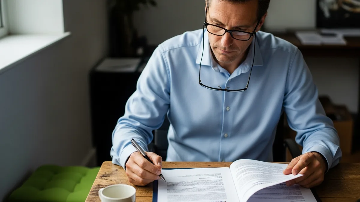 Business owner reviewing a printed IT services contract before giving notice to switch providers