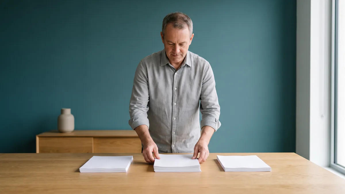 Man squaring up three separate stacks of printed pages on a long oak table