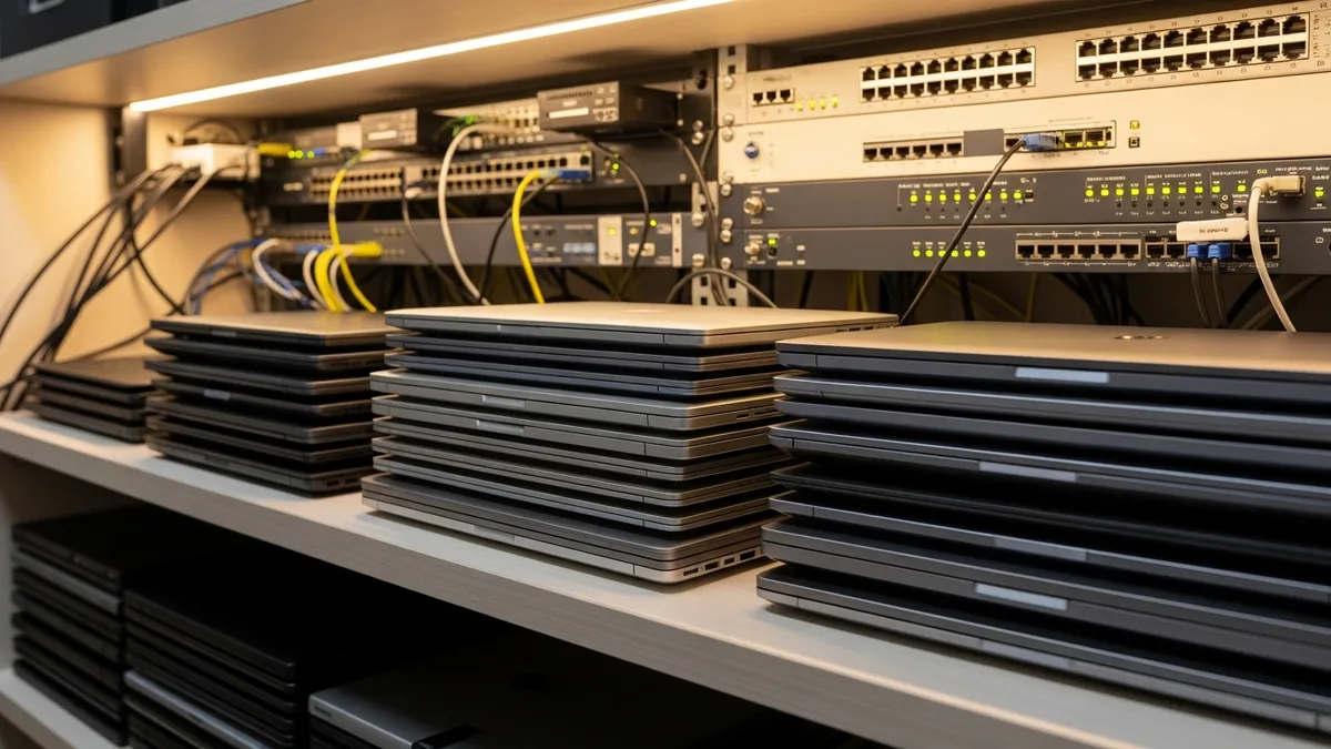 Rows of laptops and network equipment prepared for a small business hardware refresh cycle