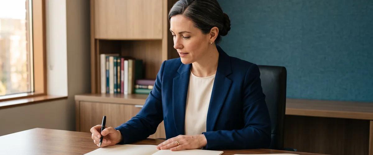 Advisory firm principal in a navy blazer reading an open document at her desk with a pen in hand