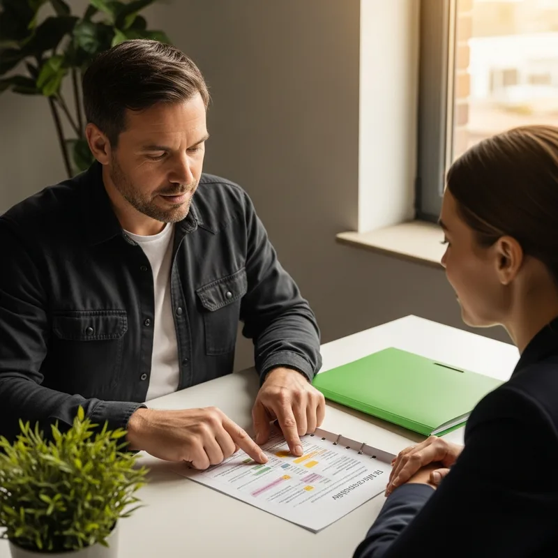 IT security consultant reviewing a printed cybersecurity risk assessment report with a small business owner in a modern office