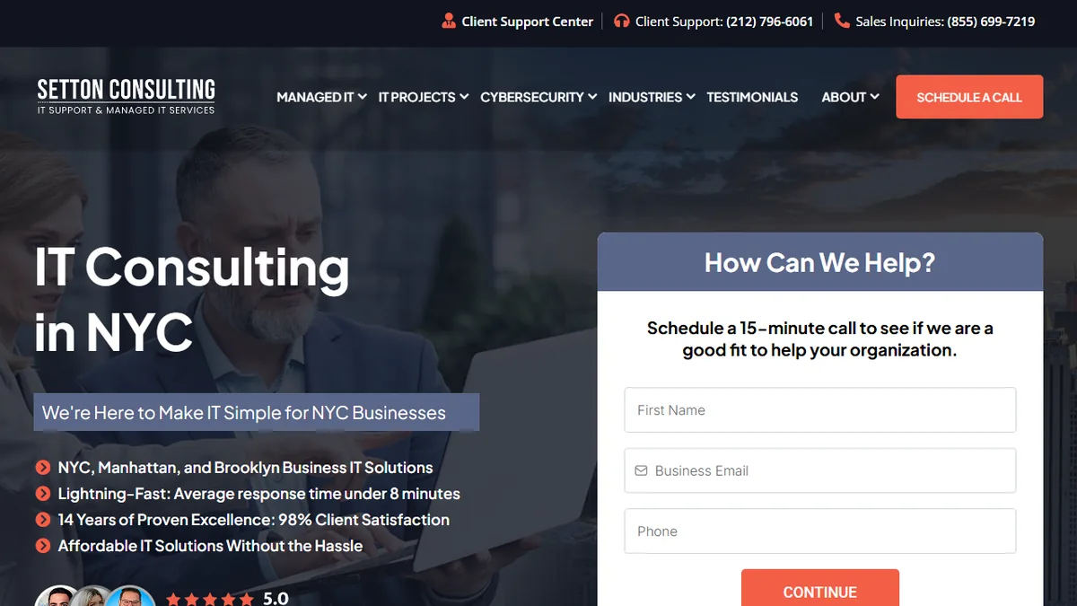 Setton Consulting homepage showing IT consulting and managed IT services for New York City businesses