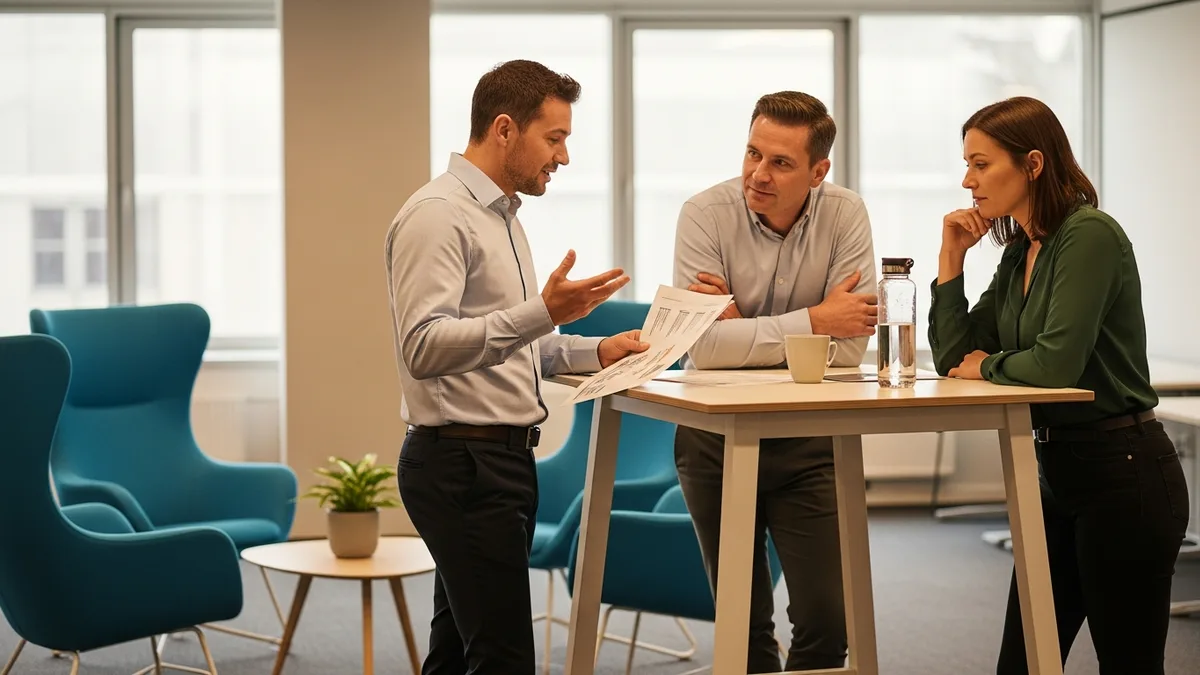Office coworkers discussing a printed report about apps employees use for work