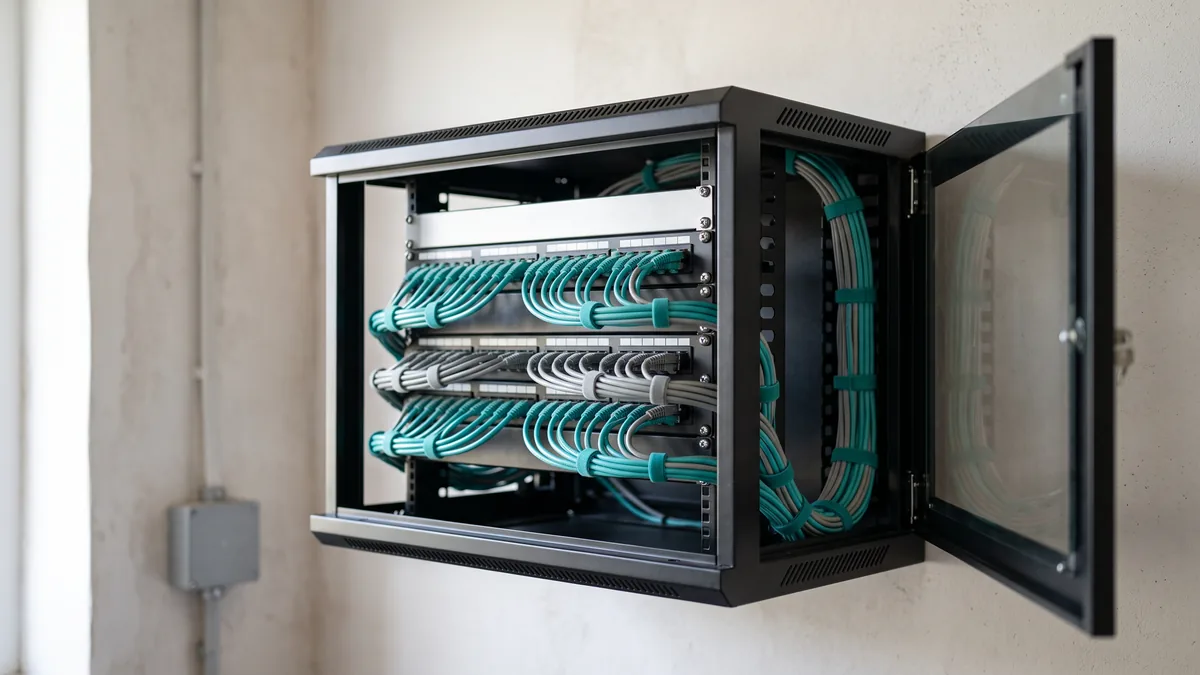 Wall-mounted office network cabinet with neatly dressed teal and grey patch cables