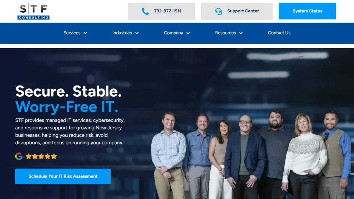 STF Consulting homepage showing managed IT and cybersecurity services for growing New Jersey businesses