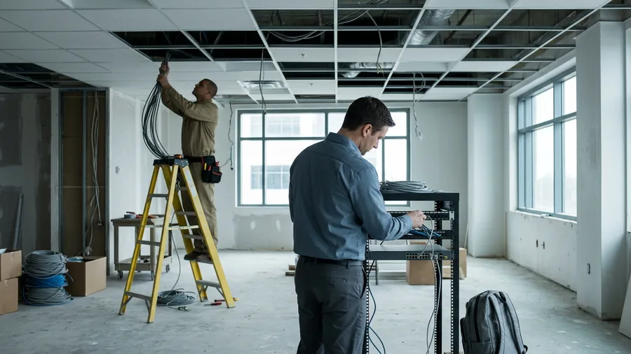 Cabling contractor pulling cable through an open ceiling while a network engineer configures the equipment rack below