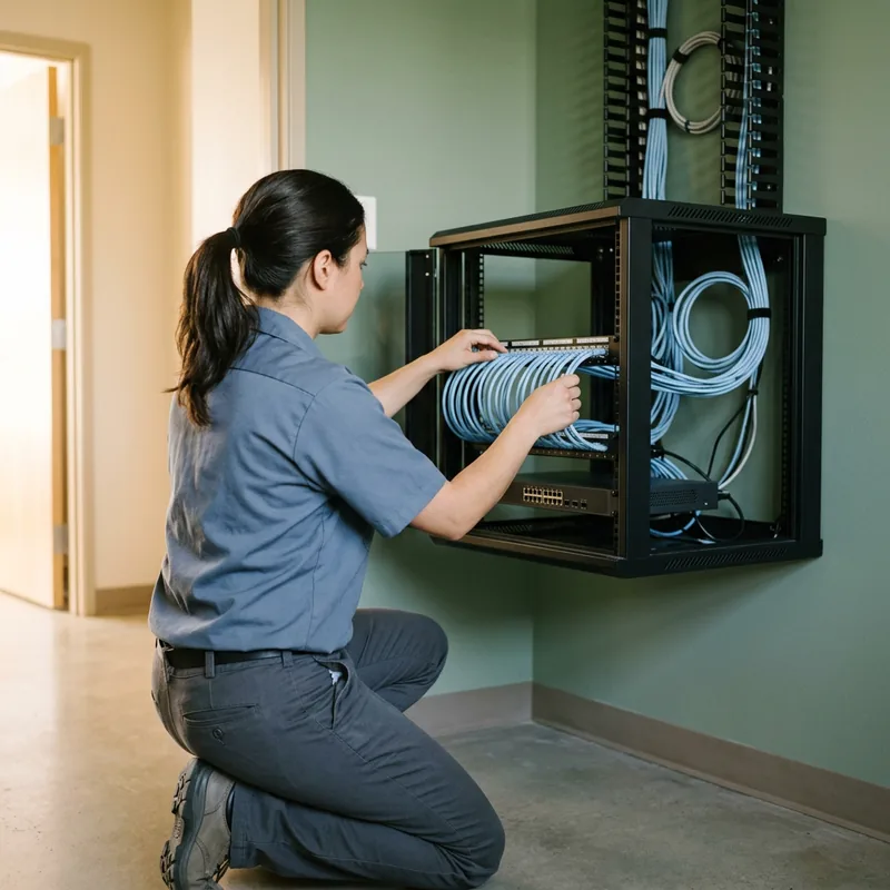 Network installation technician seating structured cabling into a patch panel inside a small business network rack