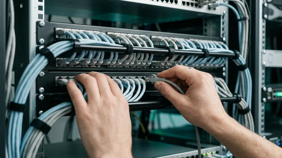 Patch cords routed through cable management on a finished small business network patch panel