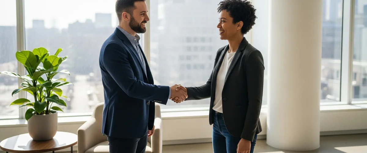 IT services provider and small business owner shaking hands after a smooth managed IT provider transition