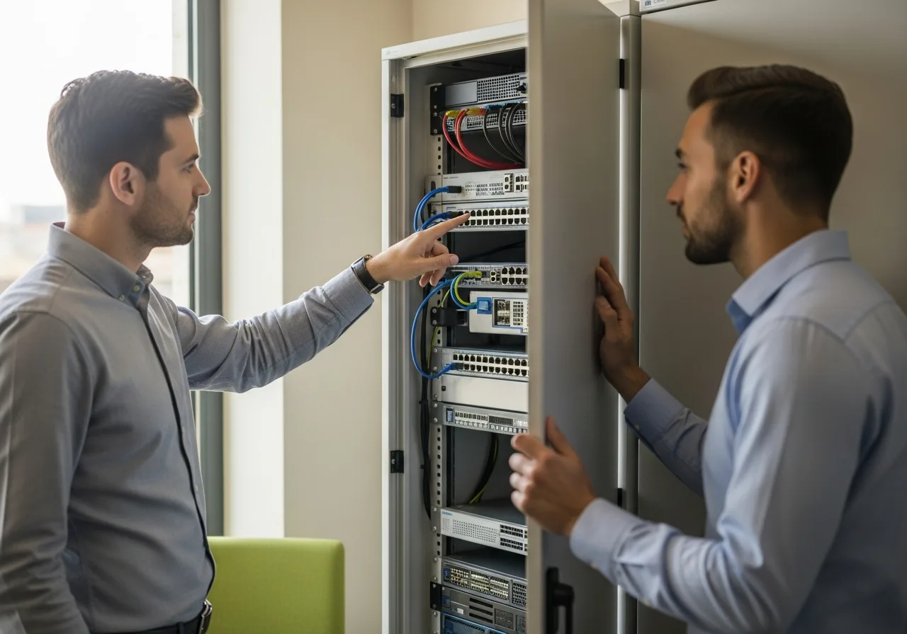 VJNetworks IT technicians collaborating on network infrastructure and cybersecurity for a small business client