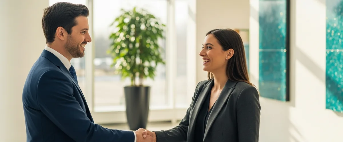A Westchester business owner and IT consultant shaking hands after choosing a Rockland-based managed IT provider