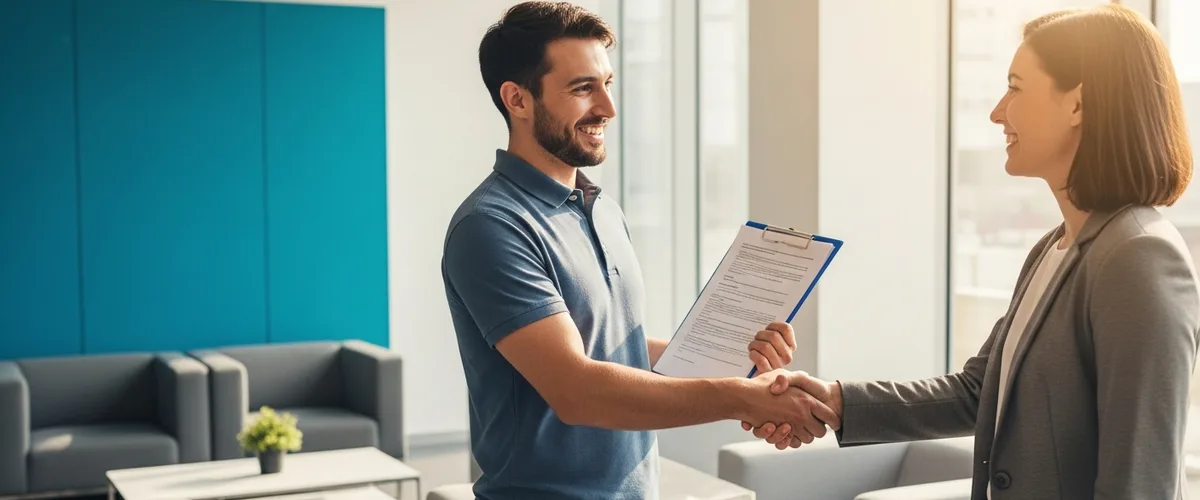 IT support technician shaking hands with a professional services firm owner in a modern Westchester County office