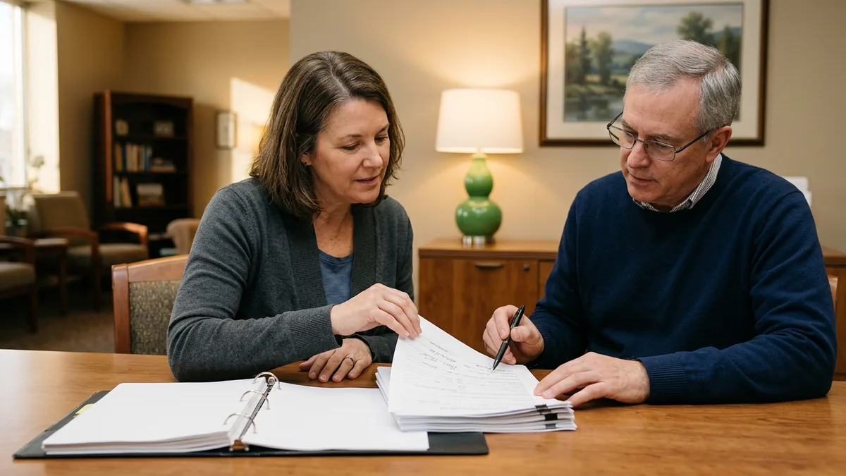Clinical director and IT consultant reviewing printed 42 CFR Part 2 patient consent forms at a conference table