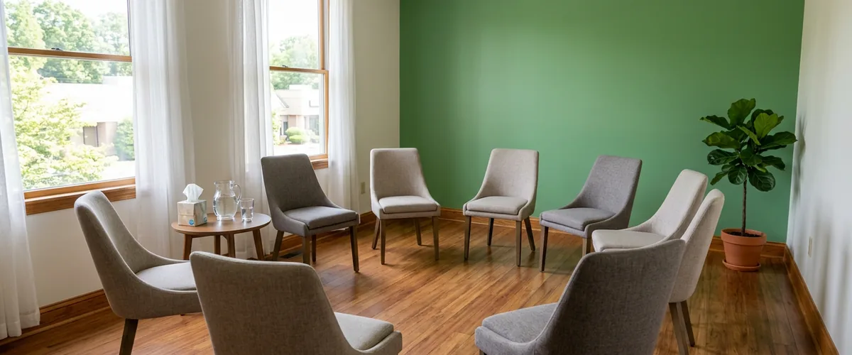 Empty group counseling room at an outpatient substance use treatment program with chairs arranged in a circle